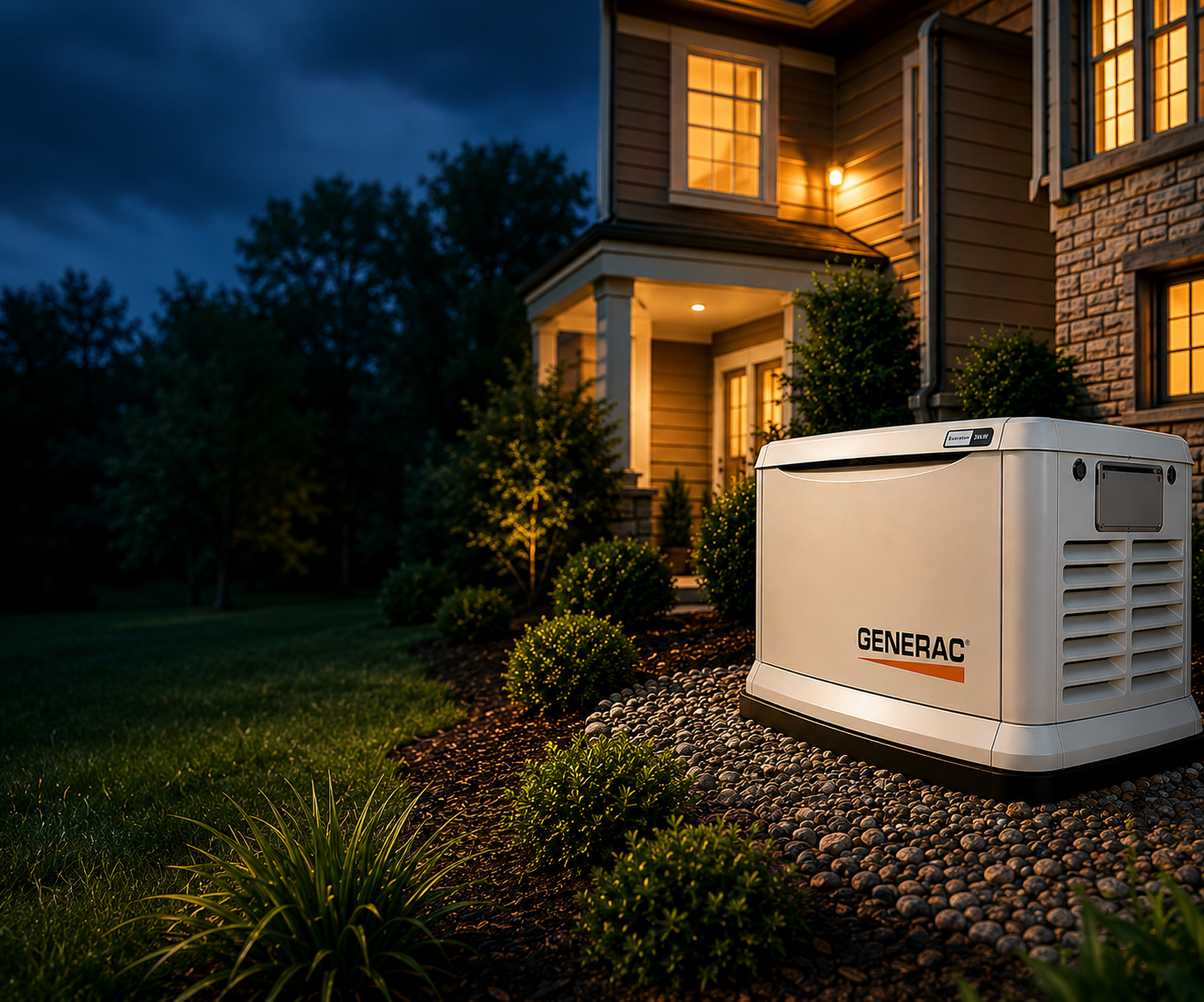 Residential backup generator beside a home