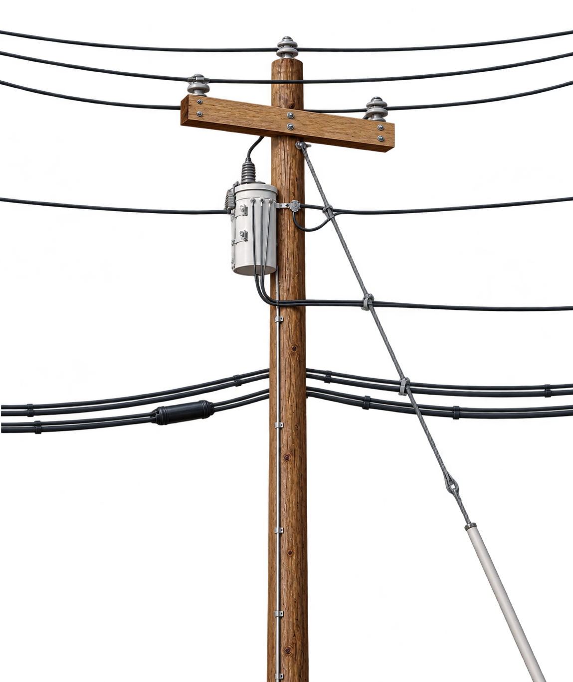 Wooden utility pole with electric distribution equipment